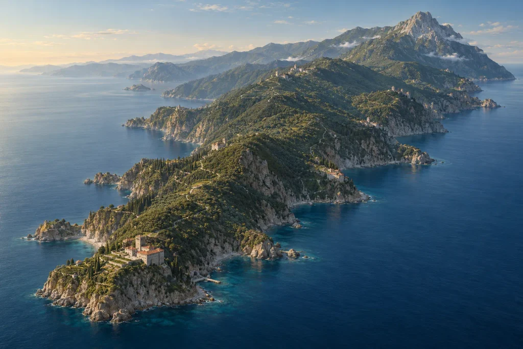 Illustrated panoramic view of the Mount Athos peninsula.